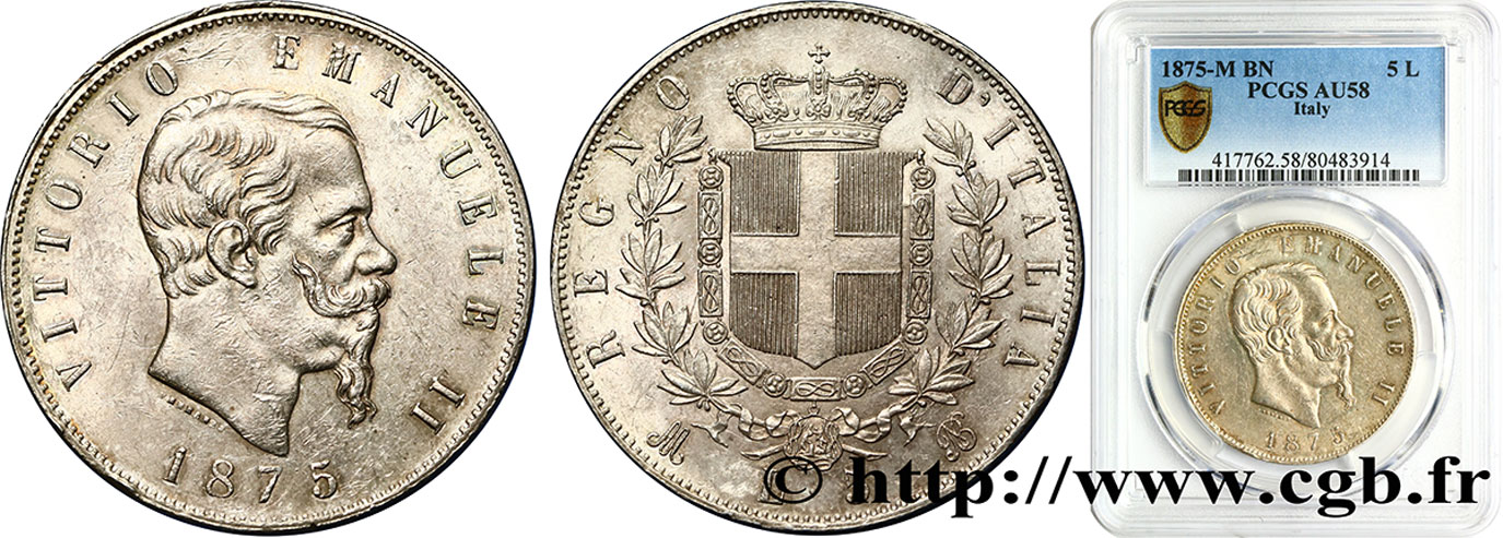 ITALY - KINGDOM OF ITALY - VICTOR-EMMANUEL II 5 Lire  1875 Milan AU58 PCGS