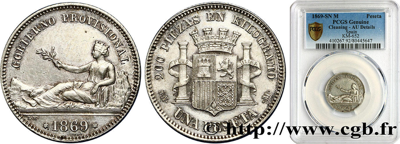 SPAIN 1 Peseta monnayage provisoire avec mention “Gobierno Provisional” 1869 Madrid AU PCGS
