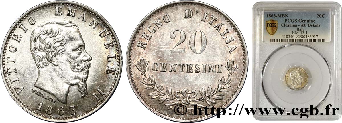 ITALIE 20 Centesimi Victor Emmanuel II 1863 Milan SUP PCGS