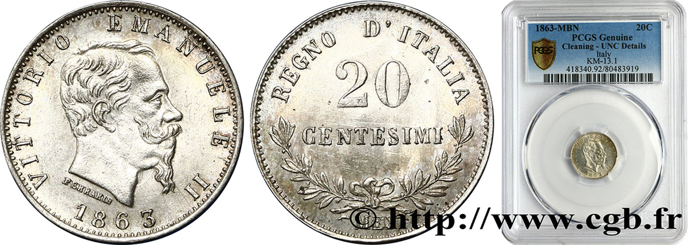 ITALIA 20 Centesimi Victor Emmanuel II 1863 Milan SC PCGS
