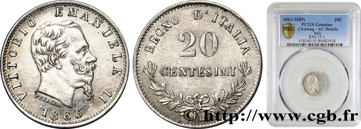 ITALIA - REGNO D ITALIA - VITTORIO EMANUELE II 20 Centesimi 1863 Milan SPL PCGS