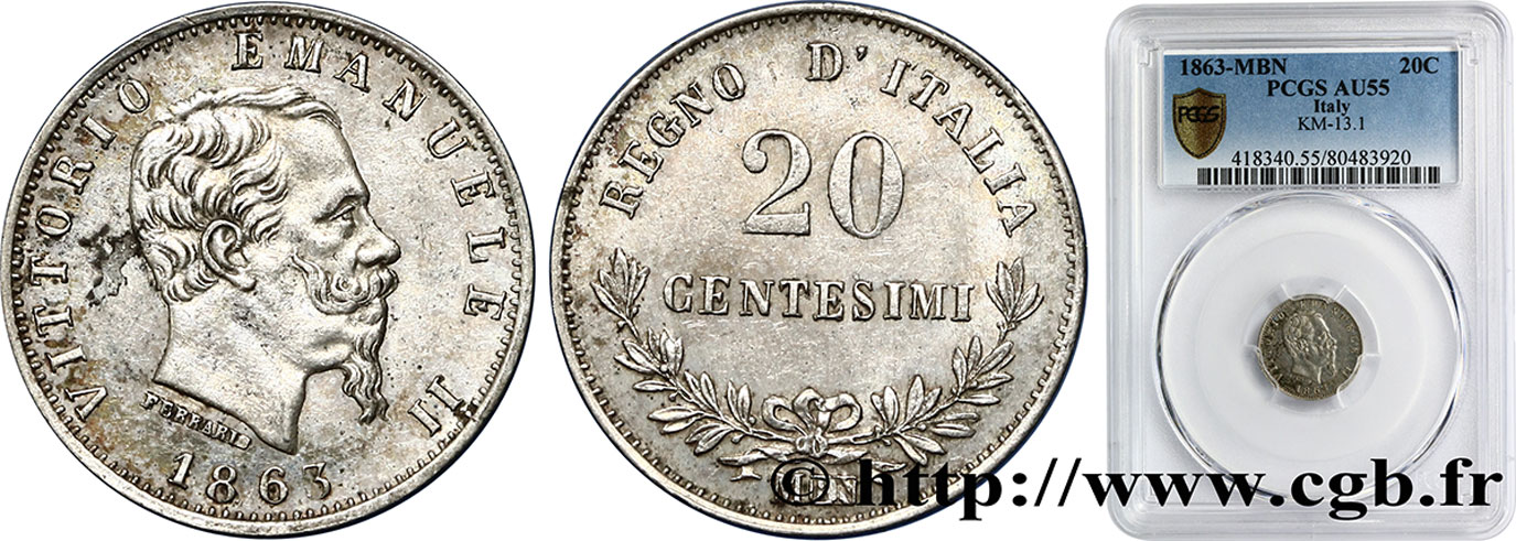 ITALY - KINGDOM OF ITALY - VICTOR-EMMANUEL II 20 Centesimi  1863 Milan AU55 PCGS