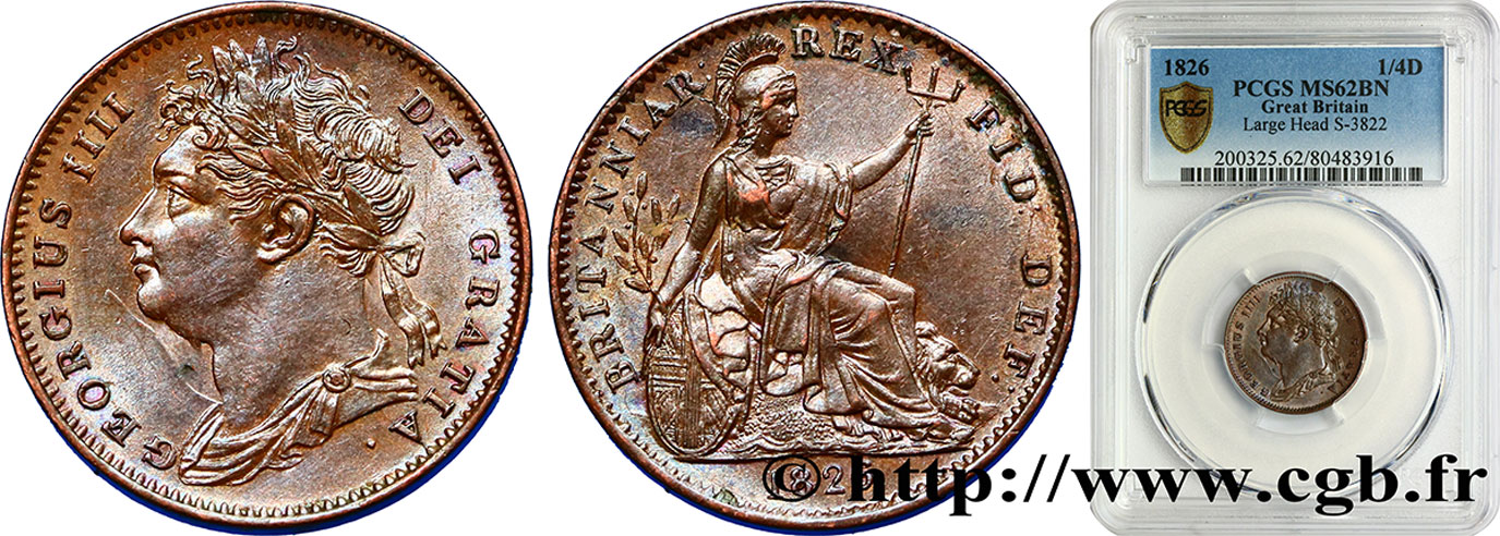 UNITED KINGDOM 1 Farthing Georges IV 1826  MS62 PCGS