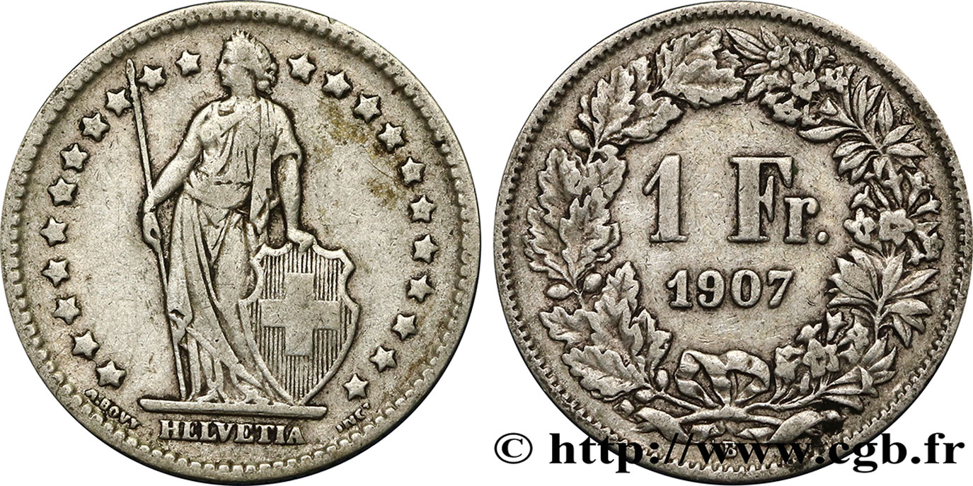 SUIZA 1 Franc Helvetia 1907 Berne - B BC 