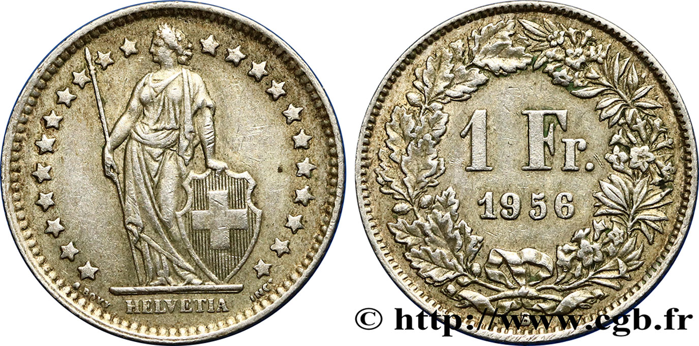 SWITZERLAND 1 Franc Helvetia 1956 Berne XF 