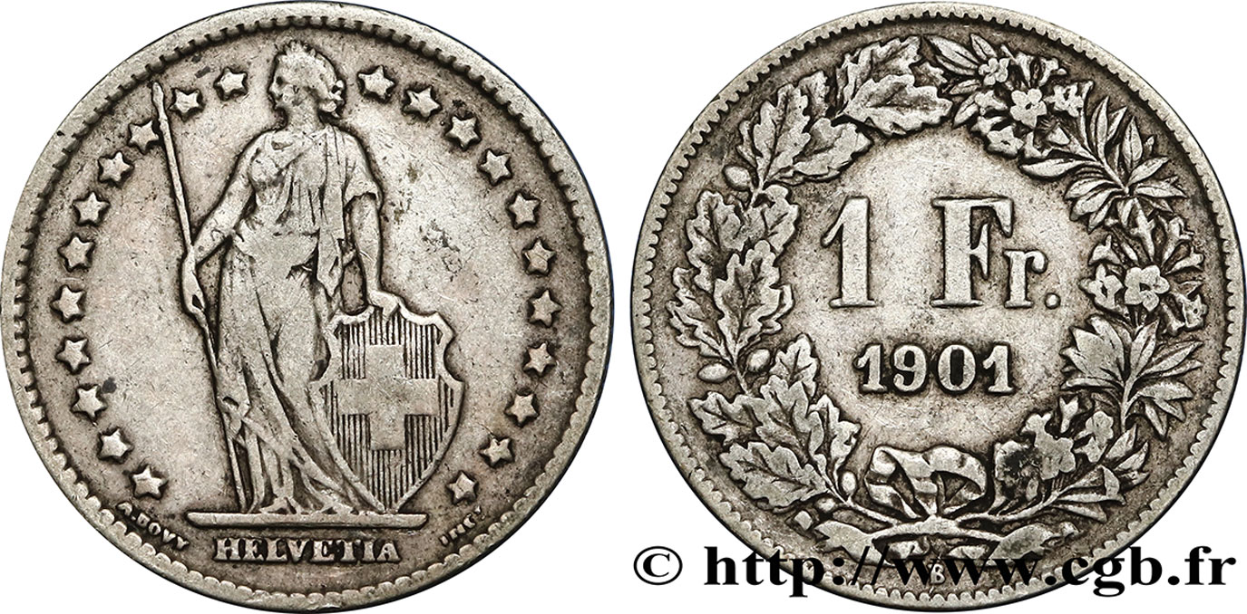 SWITZERLAND 1 Franc Helvetia 1901 Berne - B VF 