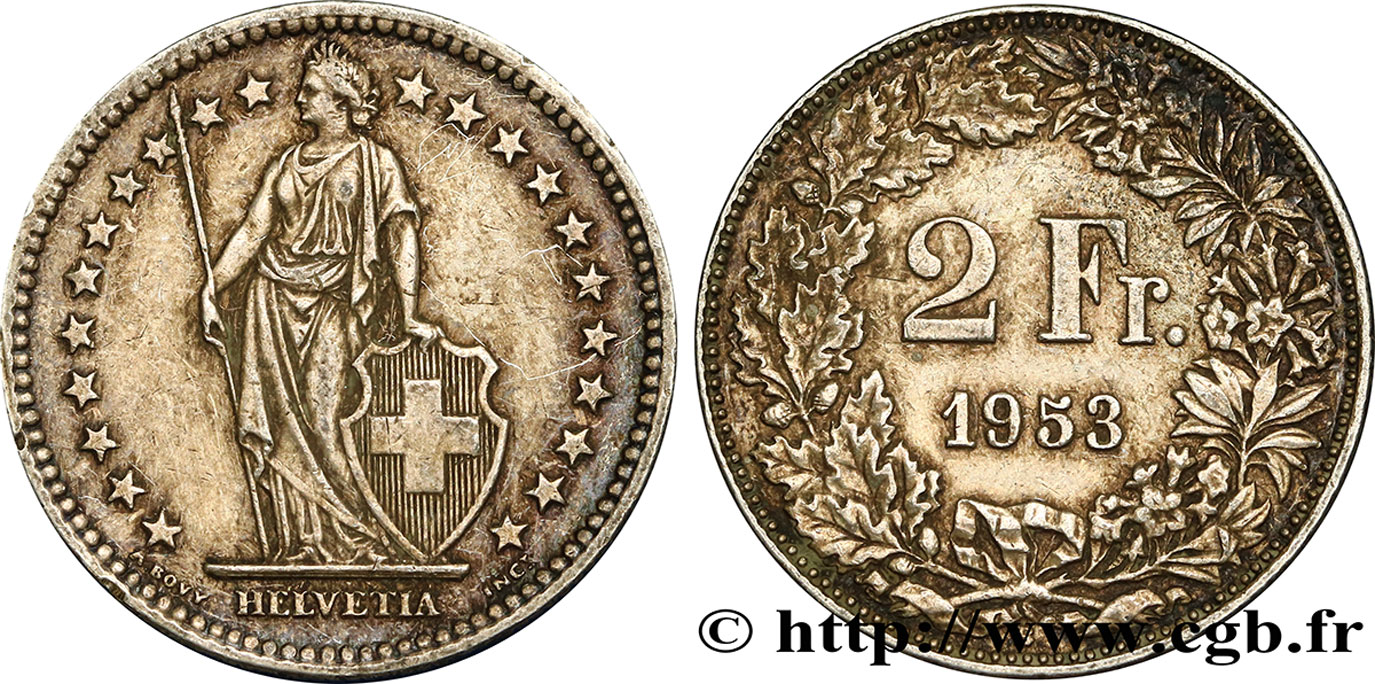 SUISSE 2 Francs Helvetia 1953 Berne TTB+ 