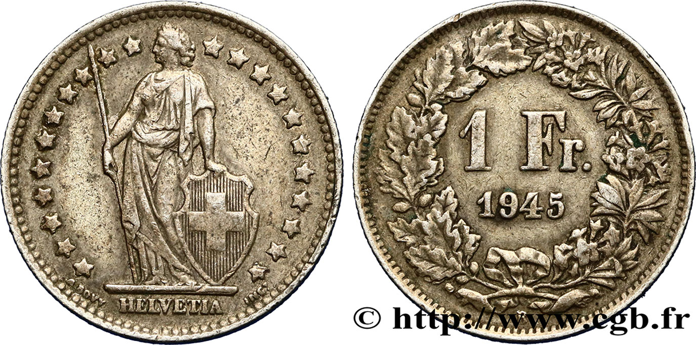 SWITZERLAND 1 Franc Helvetia 1945 Berne AU 