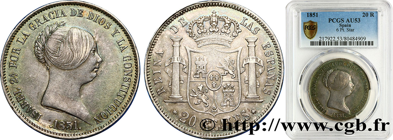 SPAIN 20 Reales Isabelle II 1851 Madrid AU53 PCGS