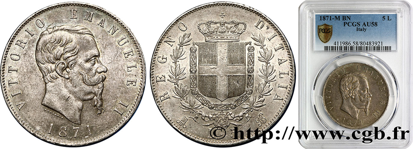 ITALY - KINGDOM OF ITALY - VICTOR-EMMANUEL II 5 Lire  1871 Milan AU58 PCGS