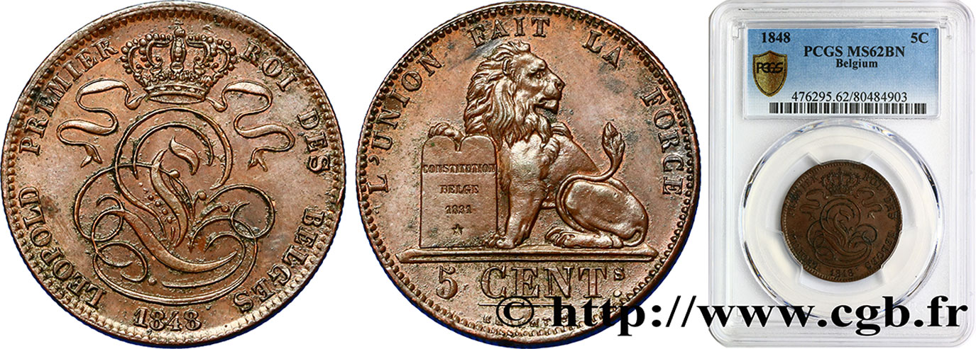 BELGIUM - KINGDOM OF BELGIUM - LEOPOLD I 5 Centimes  1848  MS62 PCGS