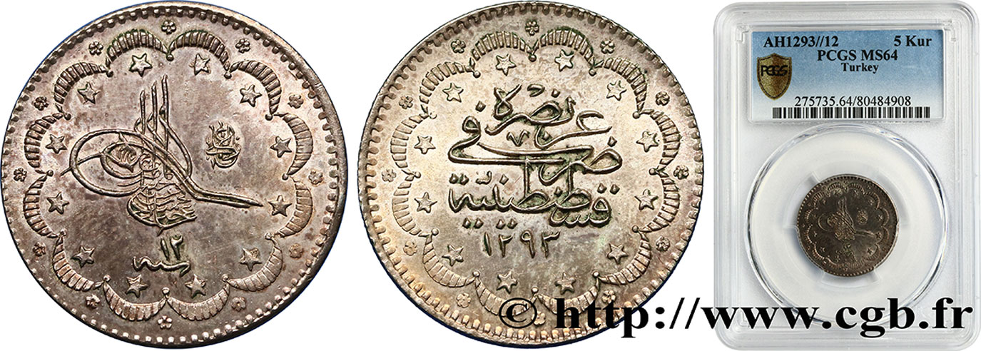 TURCHIA 5 Kurush Abdul Hamid II an 1293 1886 Constantinople MS64 PCGS