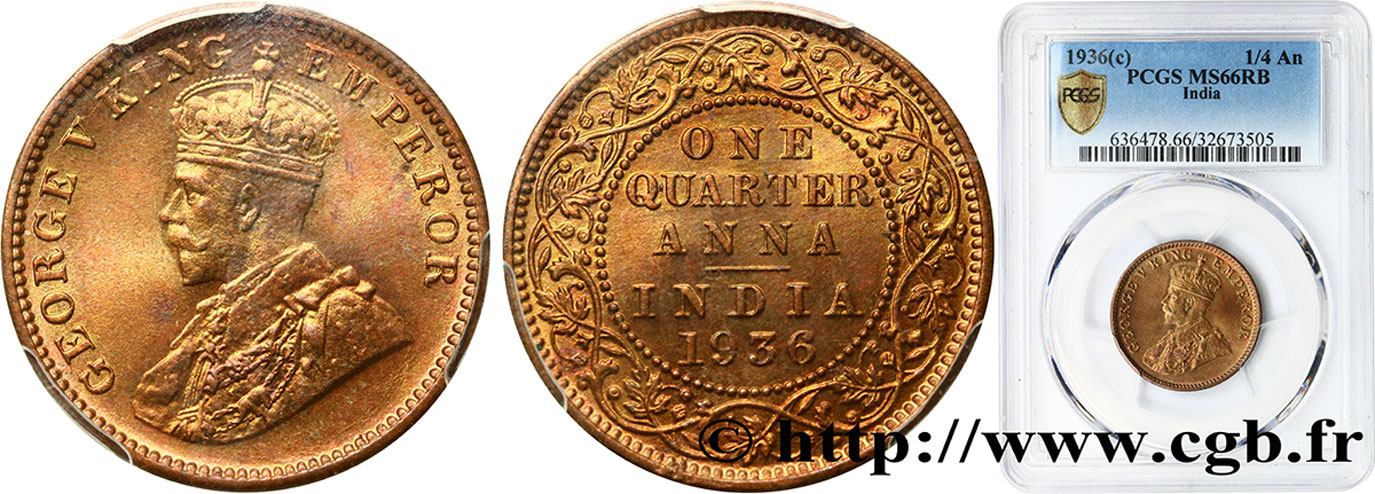 INDIA BRITANNICA 1/4 Anna Georges V 1936 Calcutta FDC66 PCGS