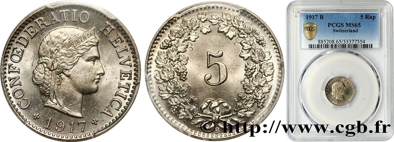 SVIZZERA  5 Centimes (Rappen) 1917 Berne FDC65 PCGS