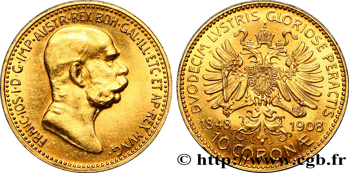 AUSTRIA 10 Corona François Joseph Ier 60e anniversaire de règne 1908 Vienne MS 