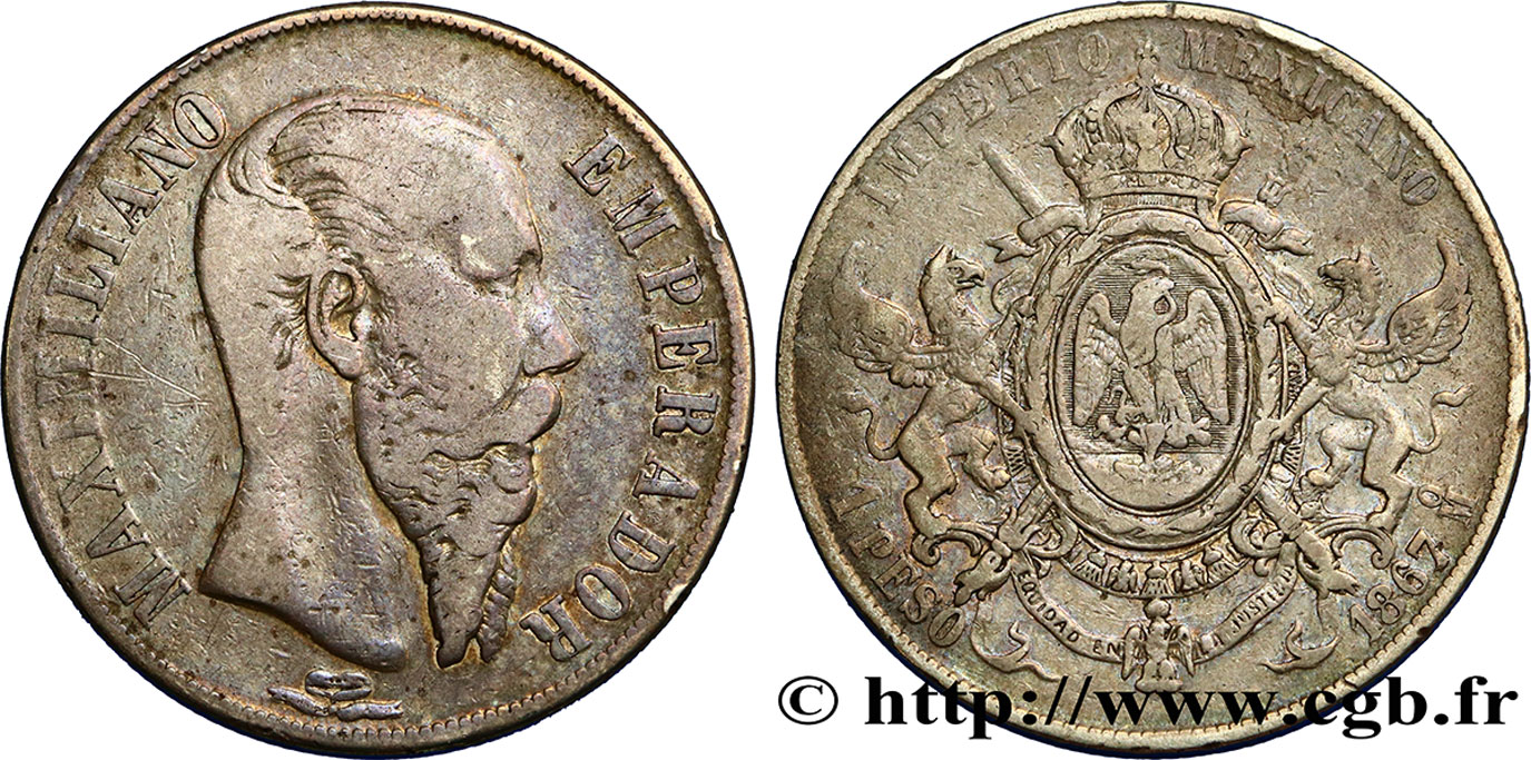 MEXICO 1 Peso Empereur Maximilien 1867 Mexico F/VF 
