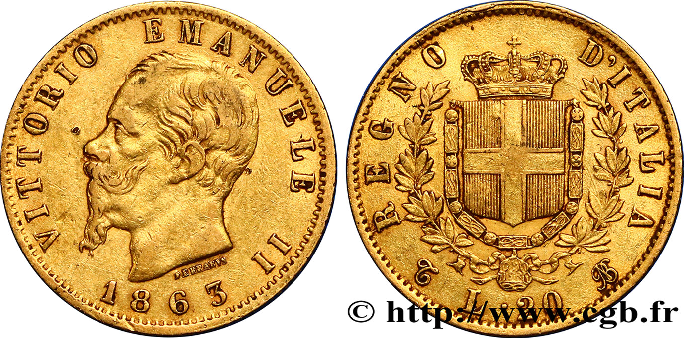 ITALIEN 20 Lire Victor Emmanuel II 1863 Turin SS 