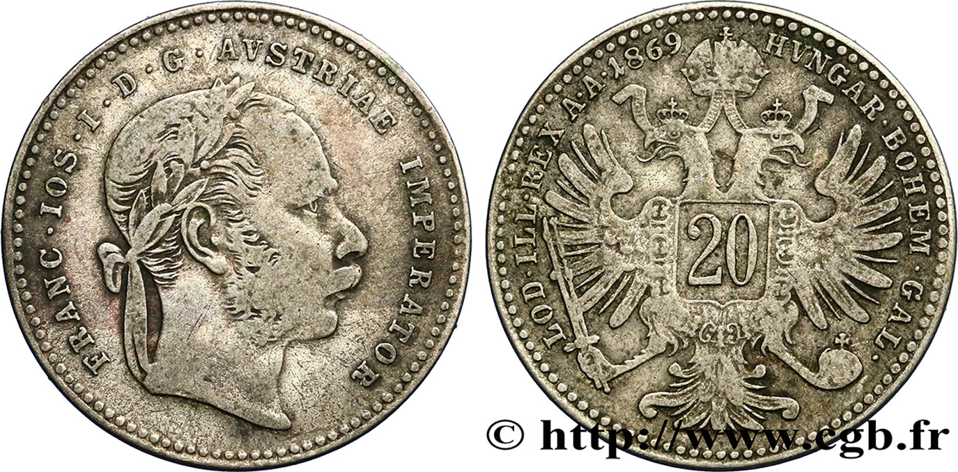 AUSTRIA 20 Kreuzer Empereur François-Joseph Ier tête laurée / aigle bicéphale 1869 Vienne VF 