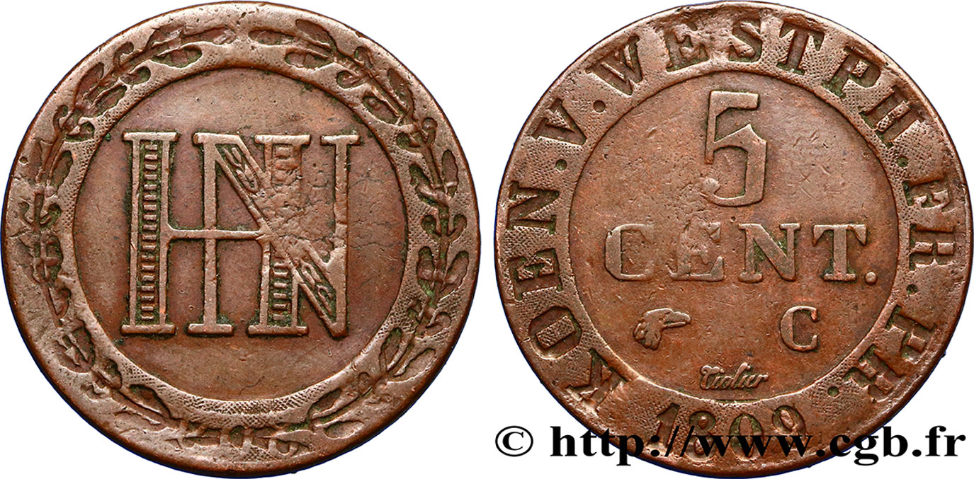 GERMANY - KINGDOM OF WESTPHALIA 5 Centimes monogramme de Jérôme Napoléon 1809  VF 
