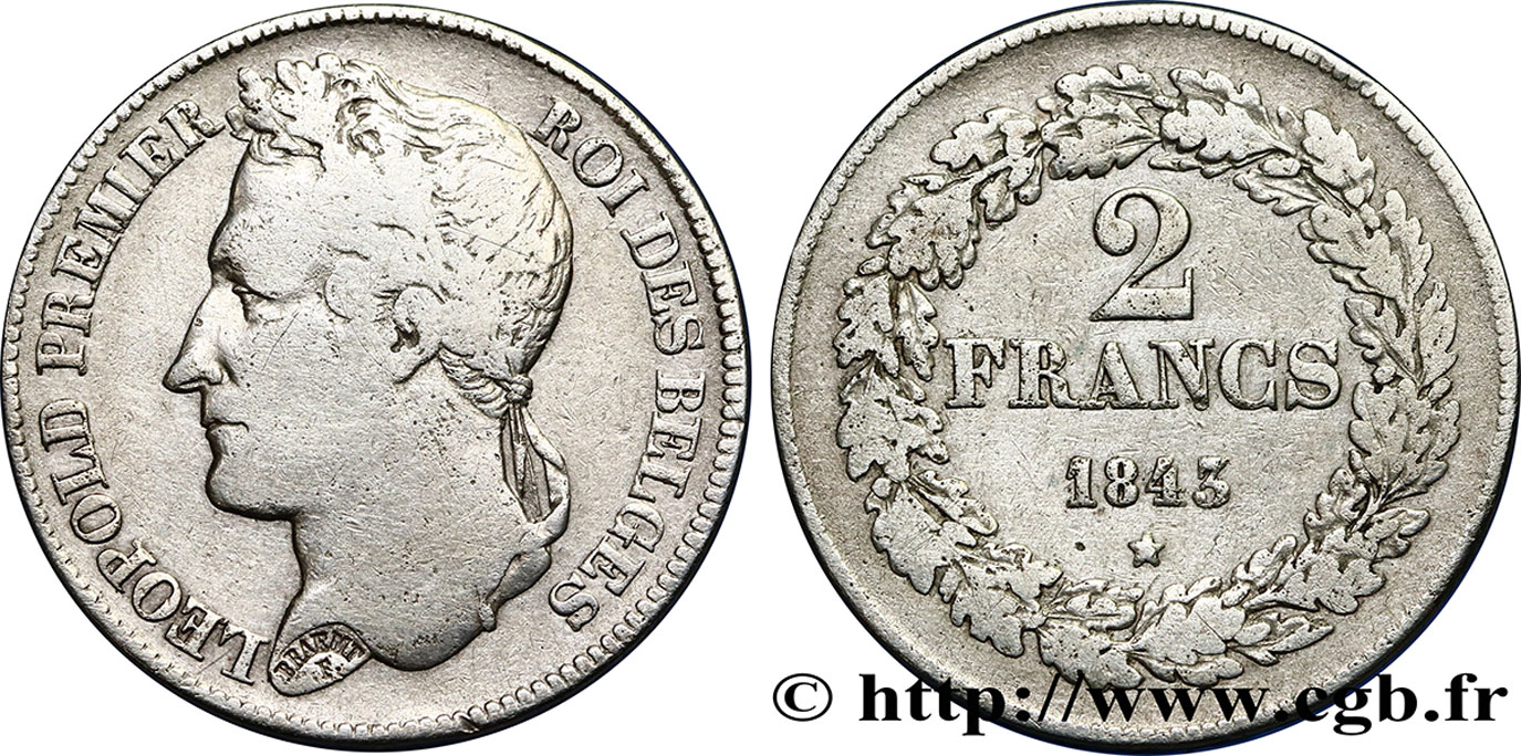 BELGIUM 2 Francs Léopold Ier tête laurée 1843  VF/VF 