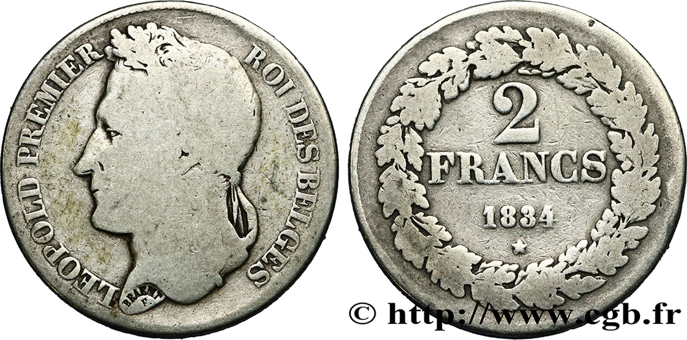 BELGIUM 2 Francs Léopold Ier tête laurée 1834  F 