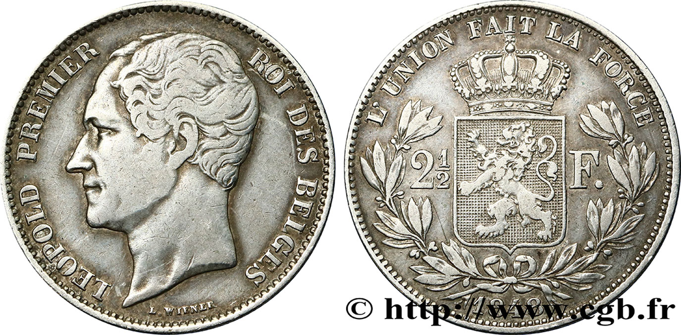 BELGIEN 2 1/2 Francs Léopold Ier 2e type, grosse tête nue 1848 Bruxelles SS 