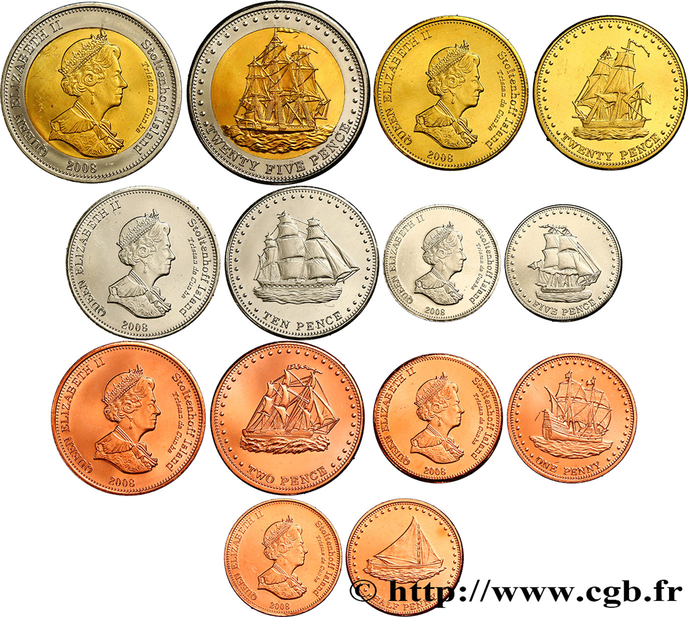 ISOLA STOLTENHOFF Lot de 7 monnaies 1/2, 1, 2, 5, 10, 20 et 25 Pence 2008  MS 