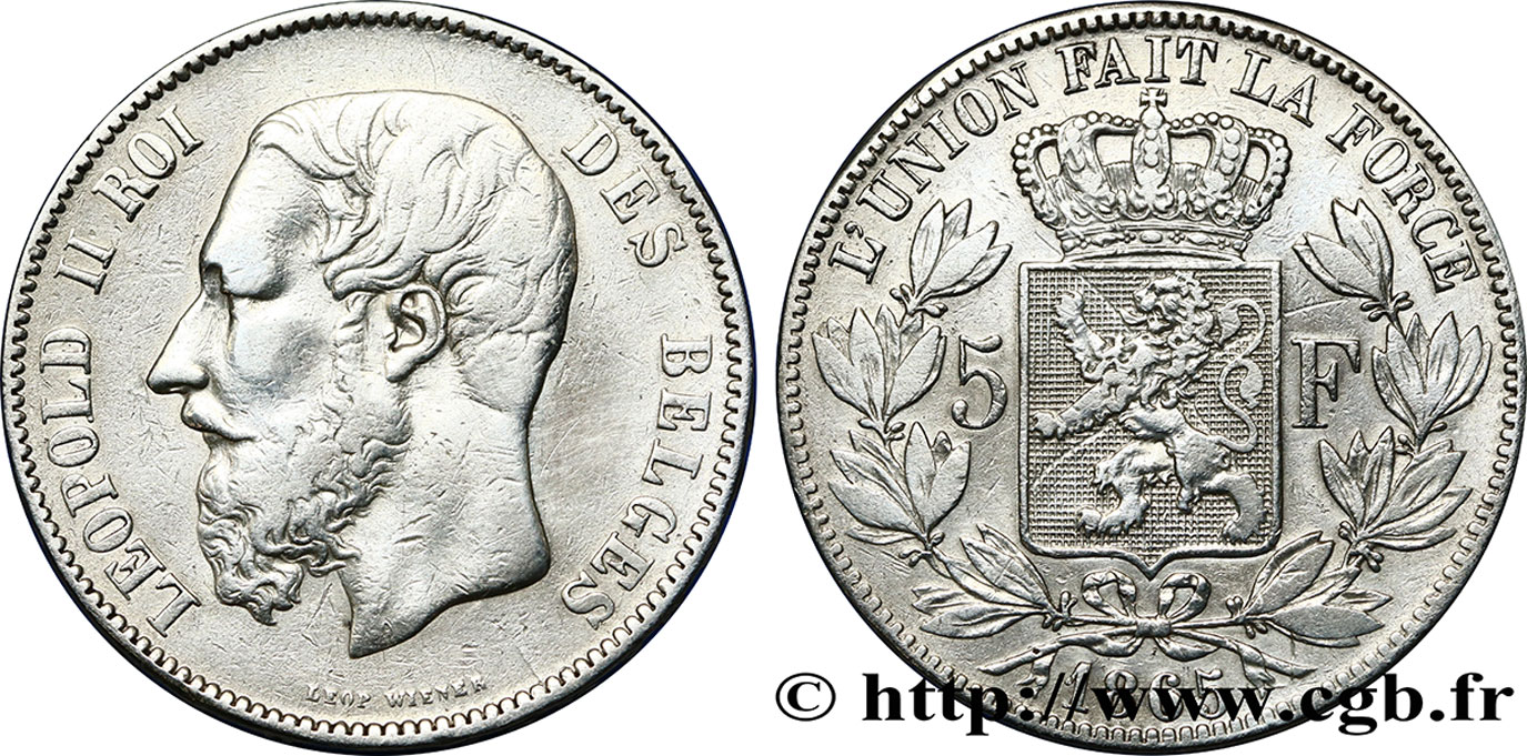 BELGIUM 5 Francs Léopold II 1865  VF 