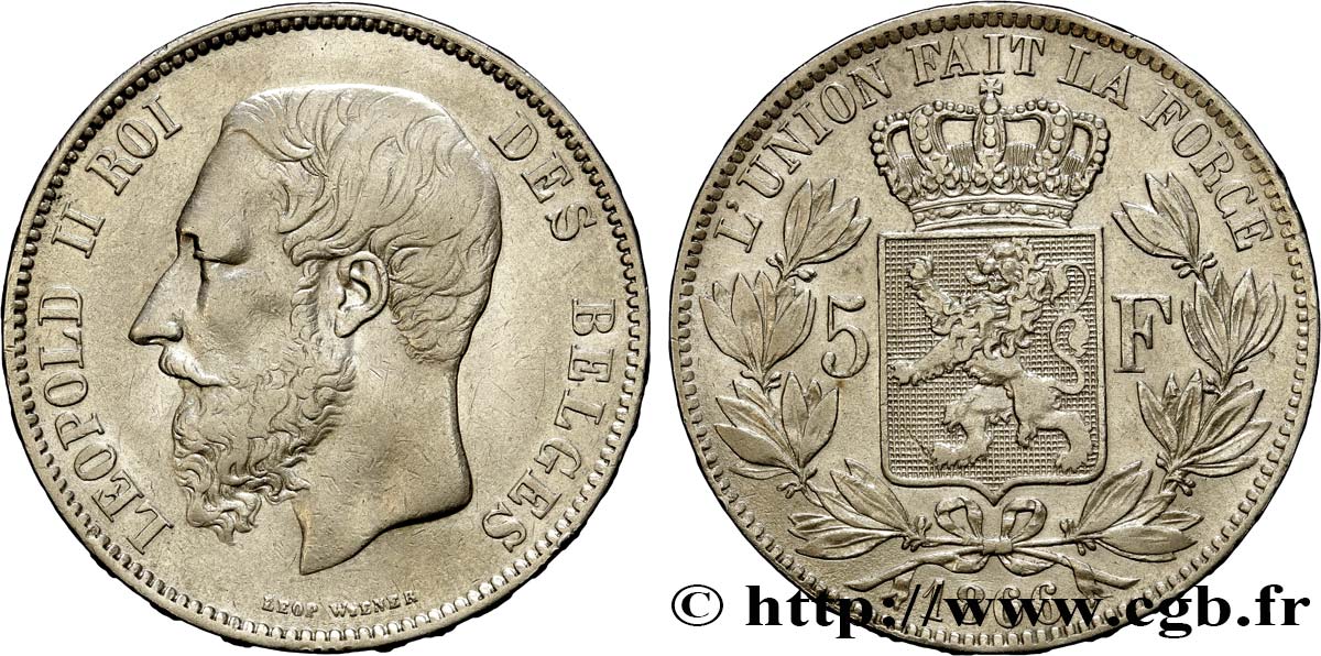 BELGIQUE - ROYAUME DE BELGIQUE - LÉOPOLD II 5 Francs 1866  VF/XF 