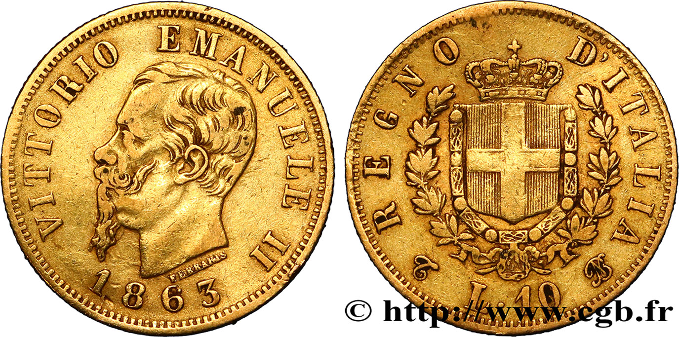ITALIA 10 Lire Victor Emmanuel II 1863 Turin q.BB 