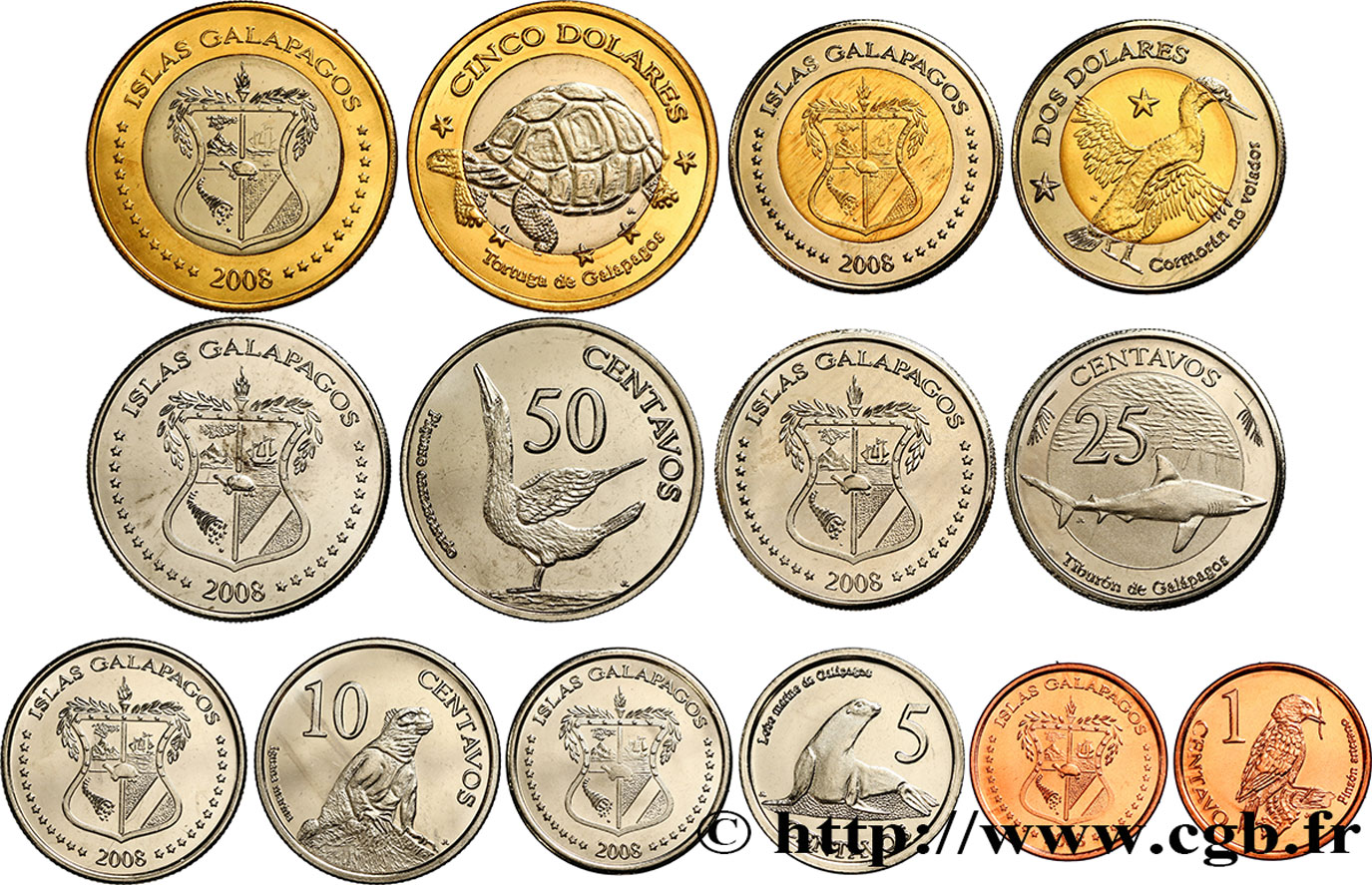 GALAPAGOS ISLANDS Lot de 8 monnaies 1, 5, 10 25 et 50 Centavos, 1, 2 et 5 Dolares 2008  MS 