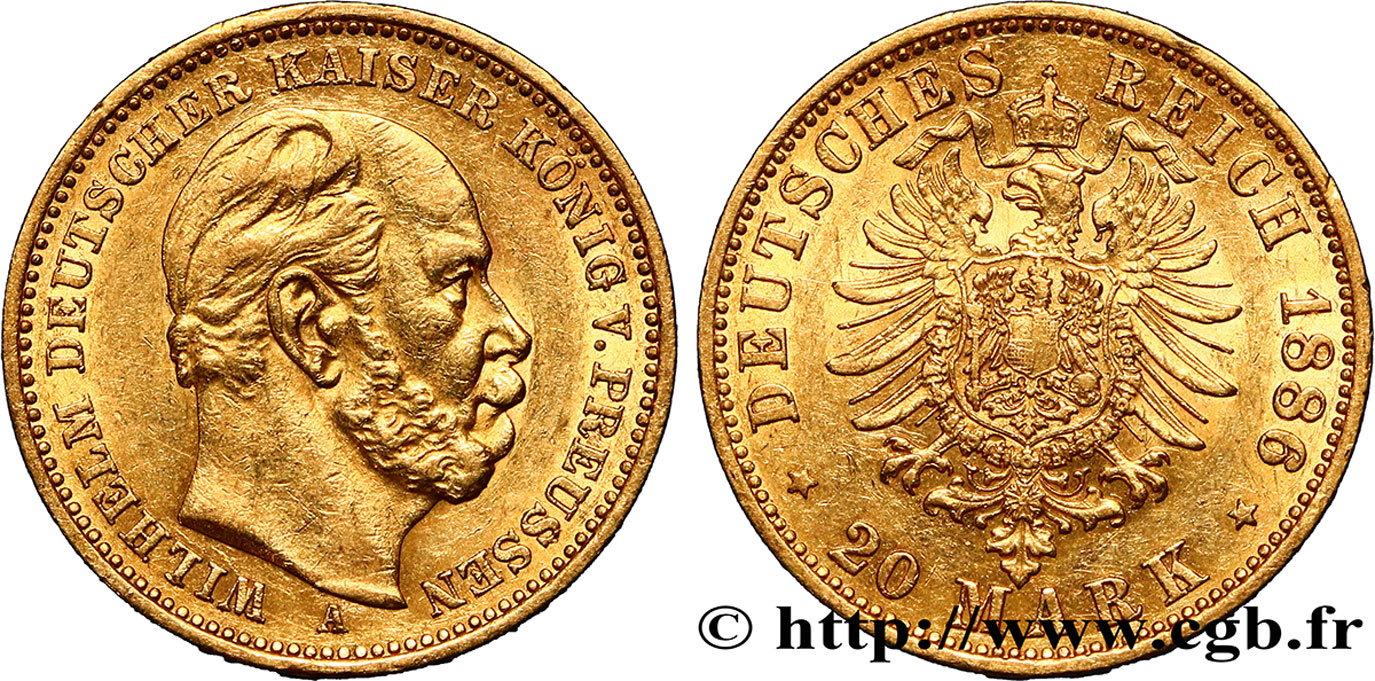 ALEMANIA - PRUSIA 20 Mark Guillaume Ier, 2e type 1886 Berlin MBC+/EBC 