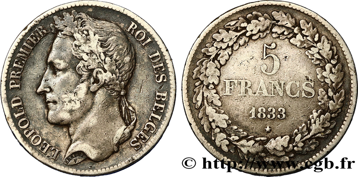 BELGIQUE 5 Francs Léopold Ier 1833  TB+ 