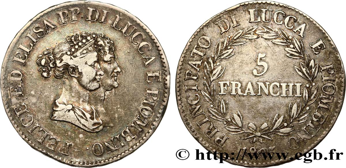 ITALIE - LUCQUES ET PIOMBINO 5 Franchi - Moyens bustes 1805 Florence TTB/TB+ 