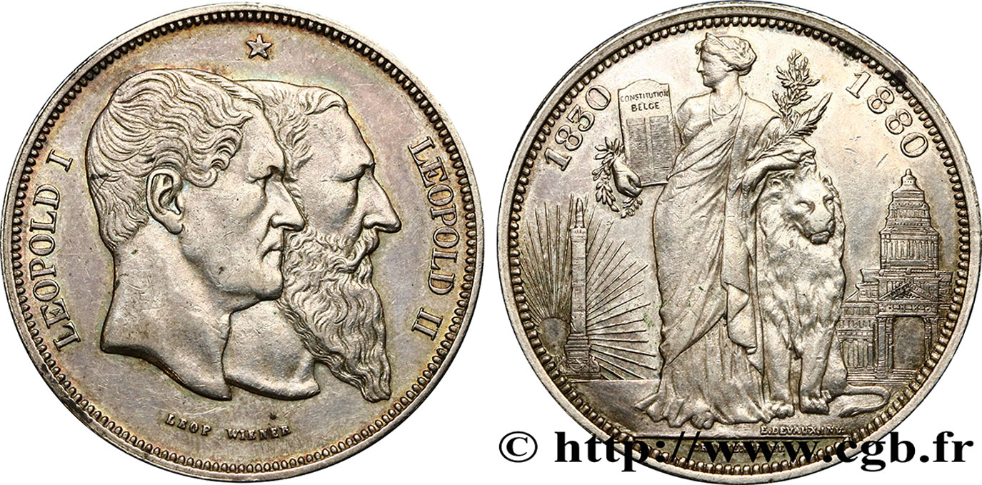 BELGIUM 5 Francs, Cinquantenaire du Royaume (1830-1880) 1880 Bruxelles AU/AU 