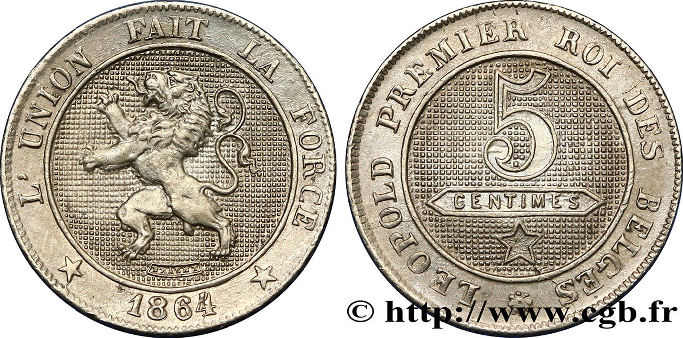 BELGIEN 5 Centimes Lion légende française 1864  VZ 