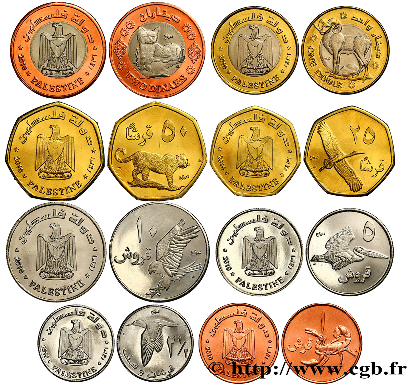 PALESTINA Lot de 8 monnaies de 1, 2 1/2, 5, 10, 25 & 50 Qirsh, 1 & 2 Dinars 2010  MS 