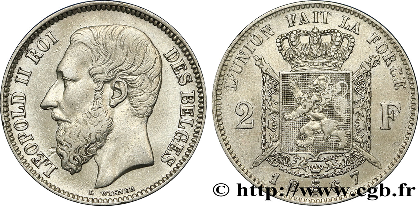 BELGIQUE 2 Francs Léopold II légende française 1867  TB+/TTB 