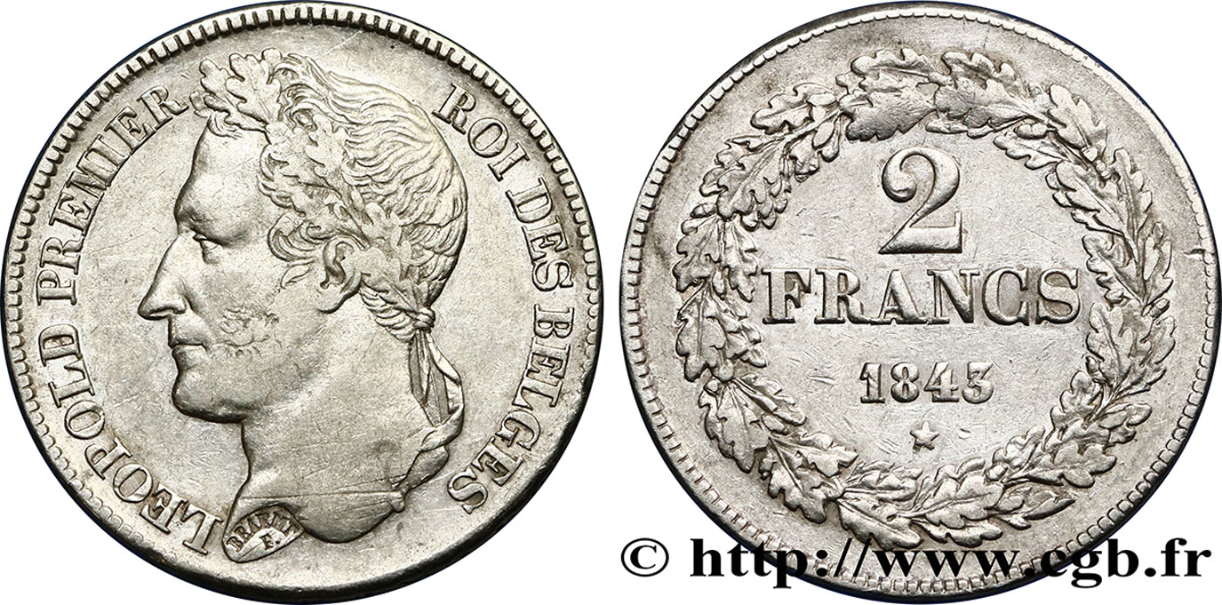 BÉLGICA 2 Francs Léopold Ier tête laurée 1843  BC+ 