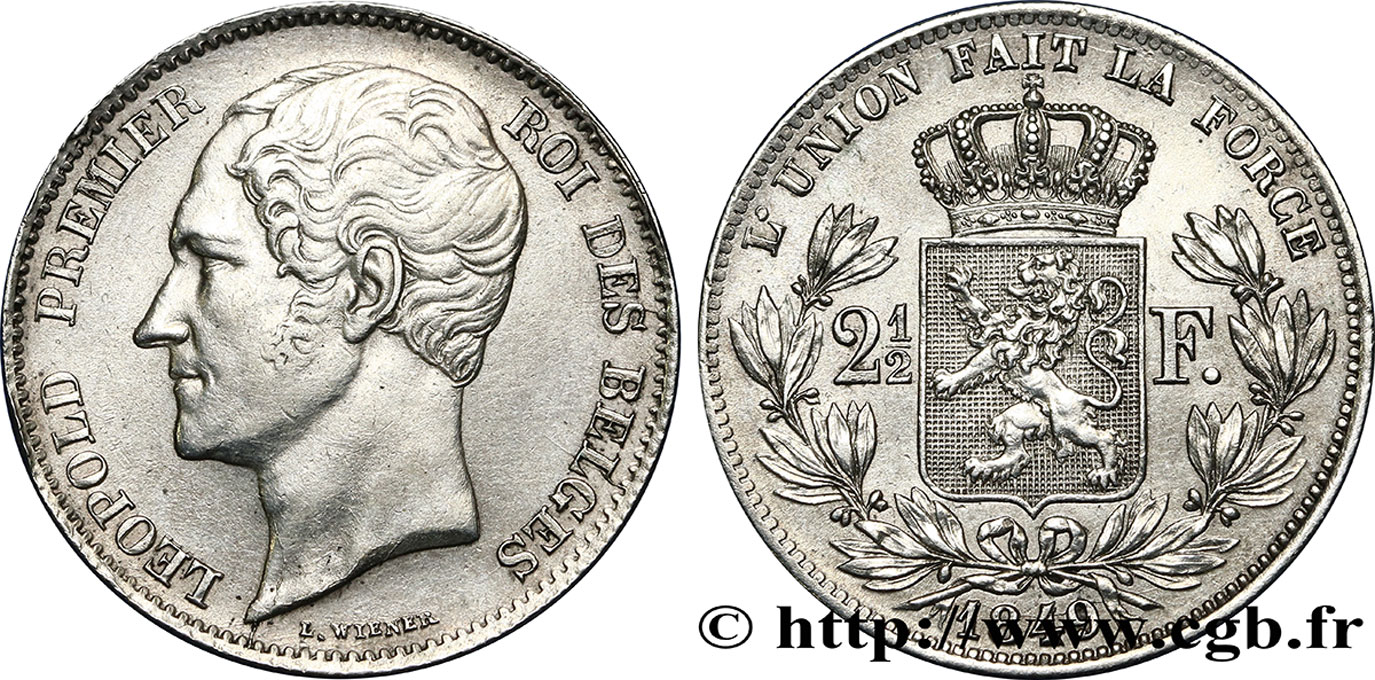 BELGIEN 2 1/2 Francs grosse tête nue Léopold Ier 1849 Bruxelles fVZ/VZ 