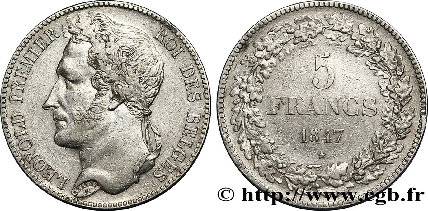 BELGIUM 5 Francs Léopold Ier tête laurée 1847  XF 