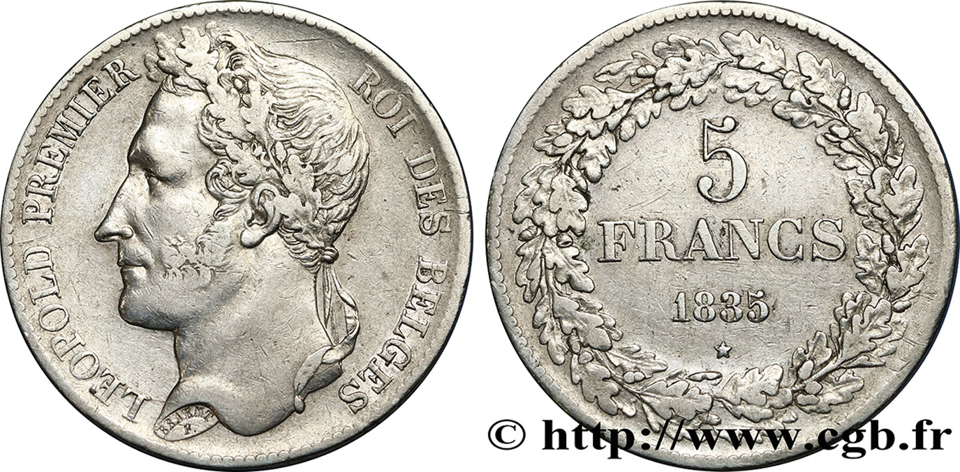 BELGIUM 5 Francs Léopold Ier tête laurée 1835  VF 