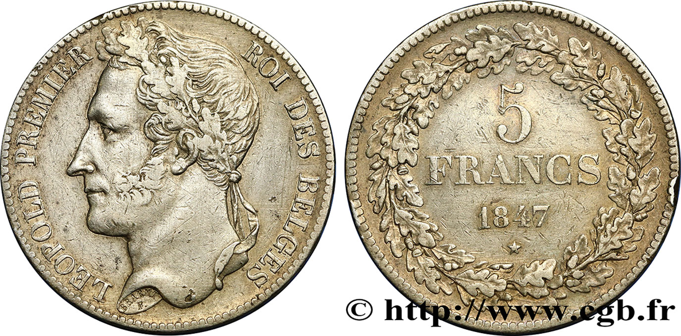 BELGIQUE 5 Francs Léopold Ier tête laurée 1847  TTB 