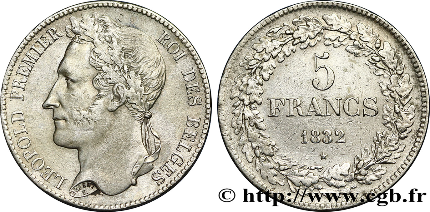 BELGIEN 5 Francs Léopold Ier tête laurée 1832  SS 