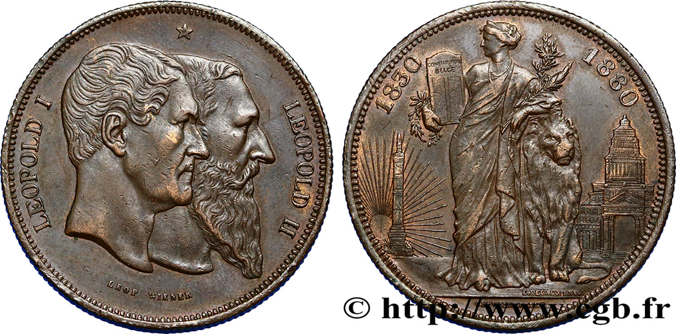 BELGIQUE 5 Francs, en cuivre, tranche cannelée, frappe monnaie, essai 1880 Bruxelles TTB+ 