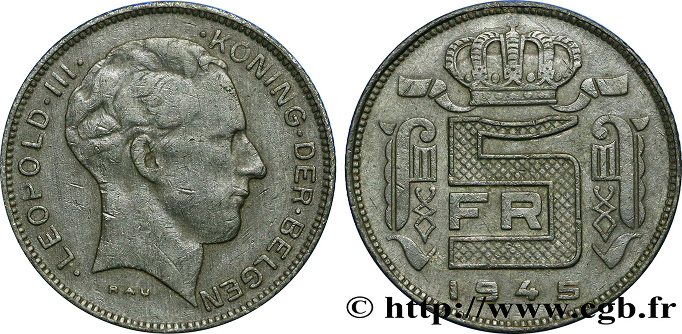 BELGIUM 5 Francs zinc légende flamande 1945 Bruxelles XF/AU 