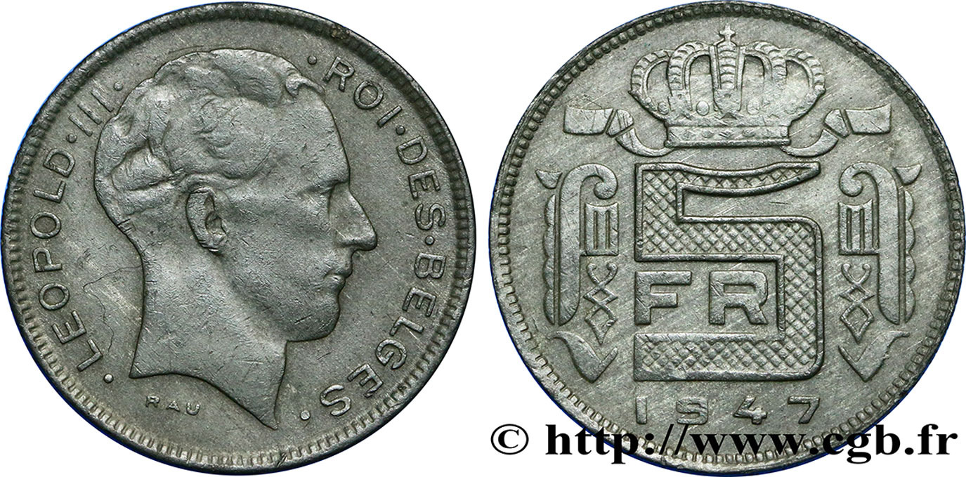 BÉLGICA 5 Francs zinc légende française - Prince Charles 1947 Bruxelles MBC+ 