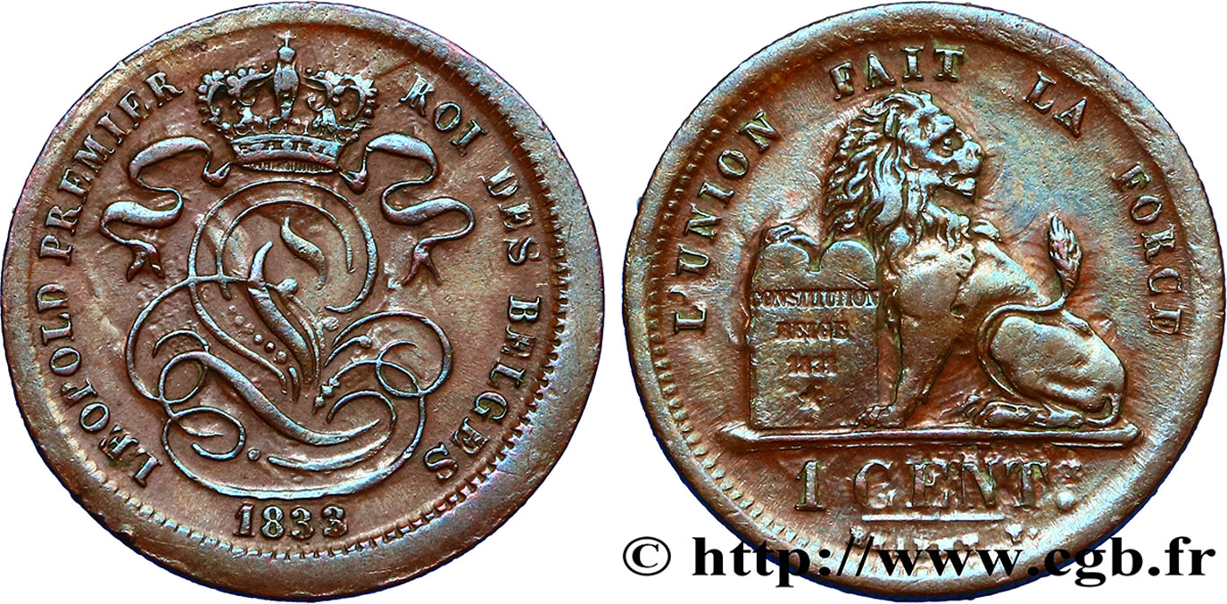 BELGIQUE 1 Centime Léopold Ier frappée sur un 1/2 cent hollandais 1833/32  TTB 