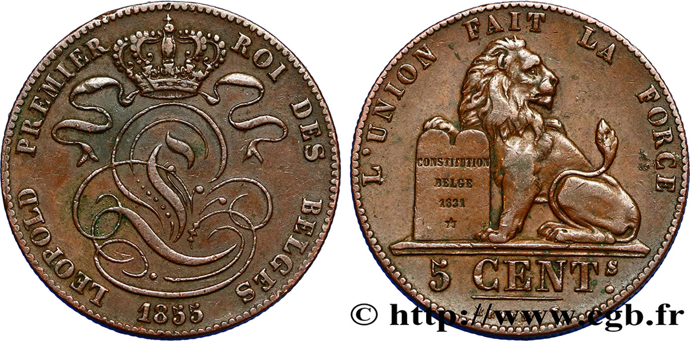 BELGIUM 5 Centimes Léopold Ier 1855  XF 