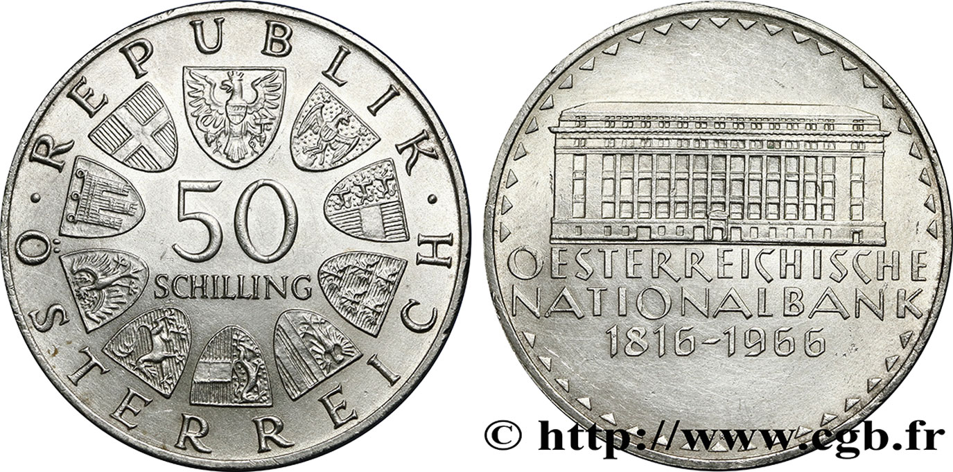 ÖSTERREICH 50 Schilling 150e anniversaire de la banque nationale autrichienne 1966  VZ 